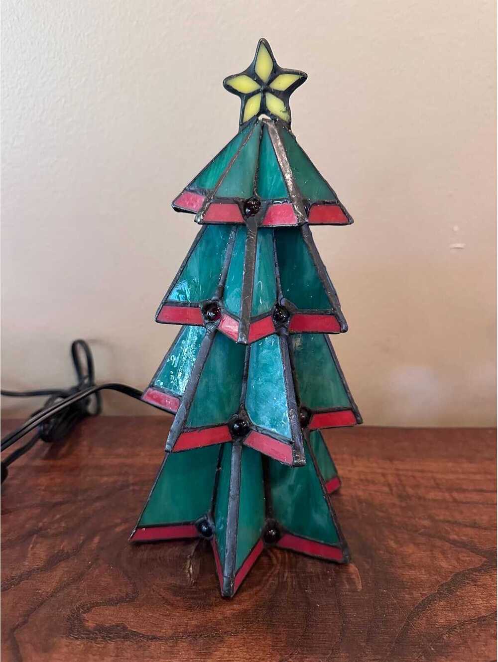 Vintage Tiffany-Style Stained Glass Christmas Tree Accent Lamp - Picture 3 of 6